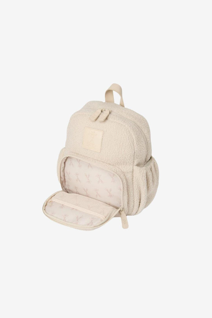 children's Ava beige backpack teddy fabric with zip front pocket 