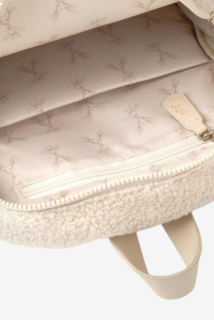 Interior giraffe lining of kids Ava beige teddy backpack 