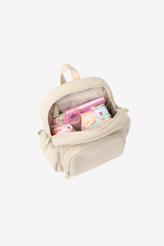 children's Ava sand beige teddy backpack open zip pocket 