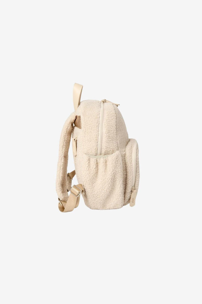 side view of children's Ava teddy backpack with water bottle pocket