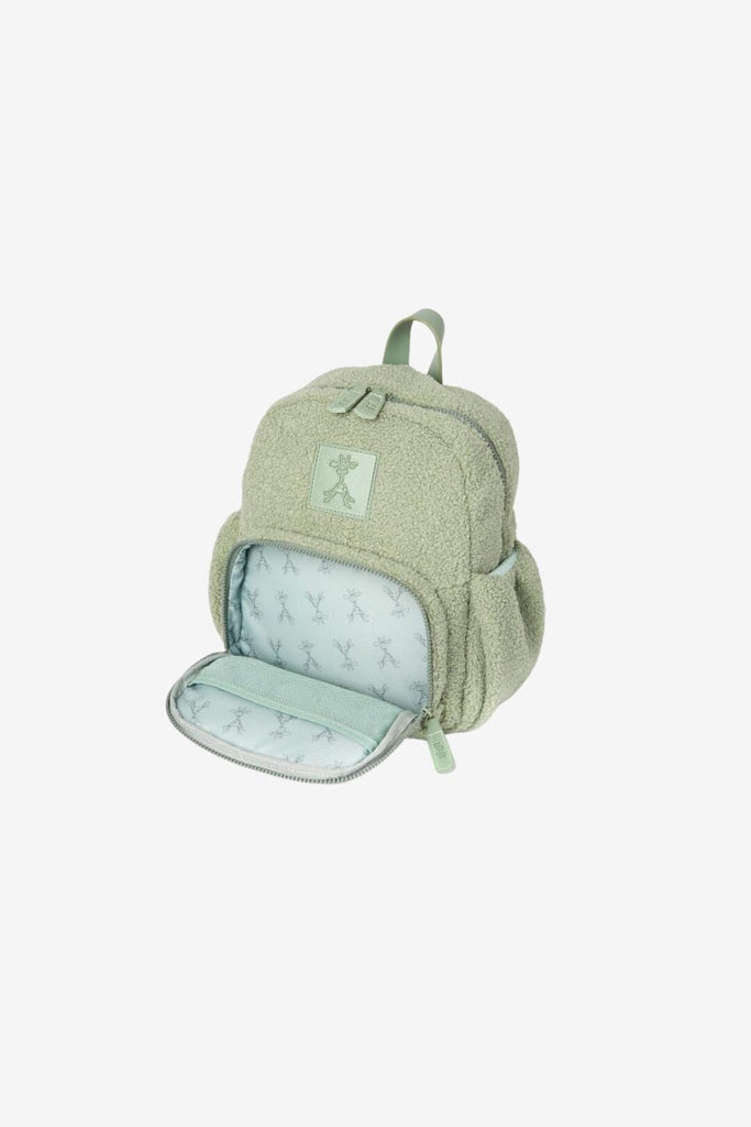 Sage Green Ava kids teddy fleece backpack open front pocket