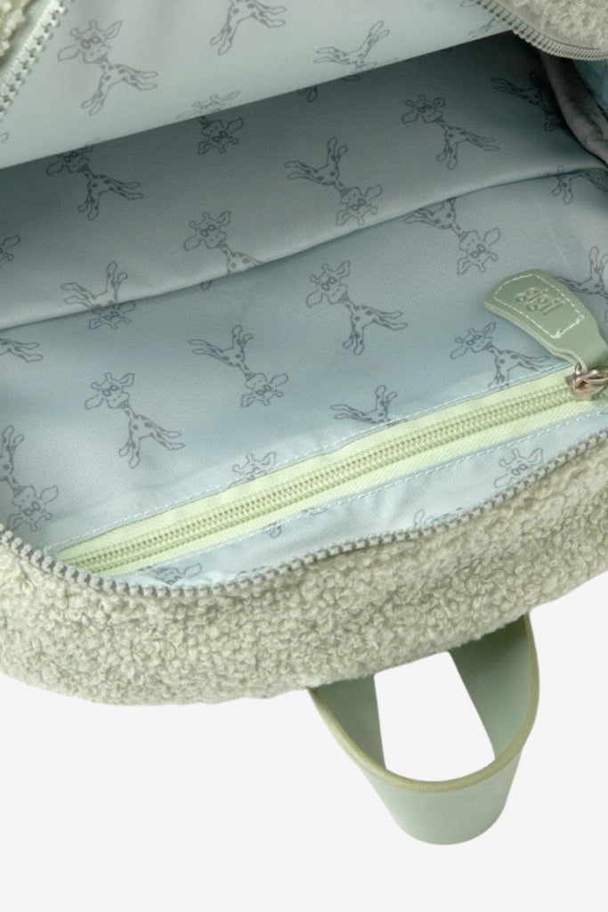 Interior giraffe lining children's sage green Ava backpack