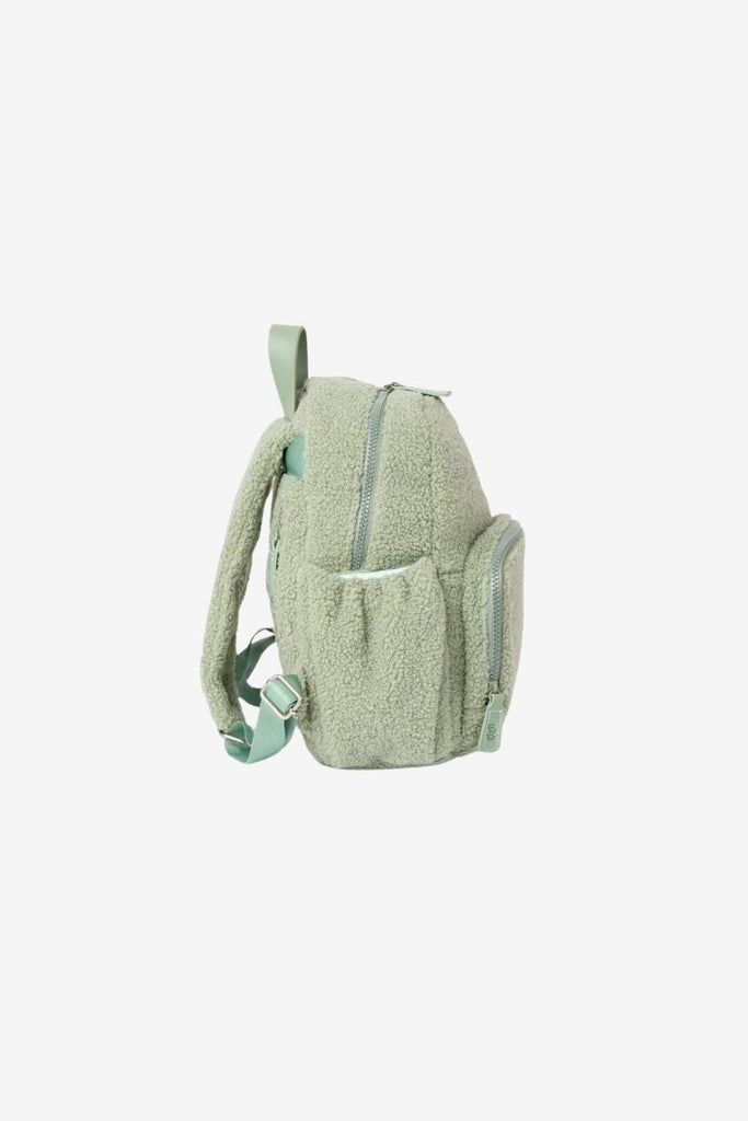 Side view of kids Ava sage green teddy fleece backpack with water bottle pocket 