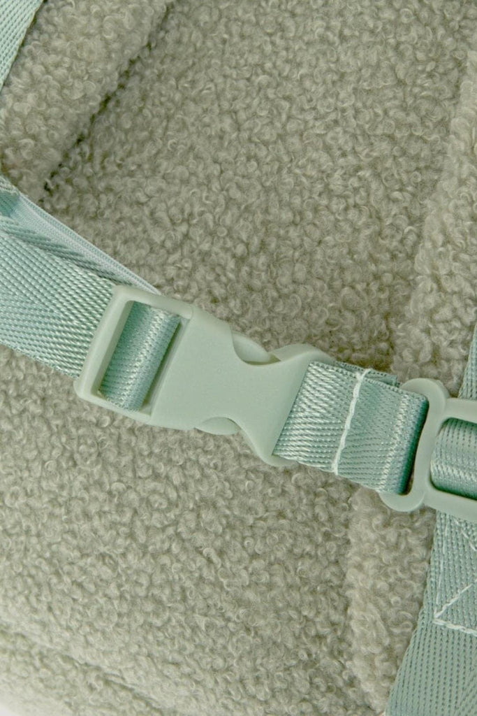 Sternum strap on Ava sage green children's teddy fleece backpack 