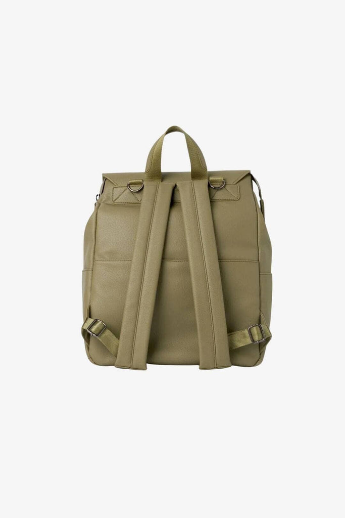 Padded backpack straps on olive green vegan leather diaper backpack 