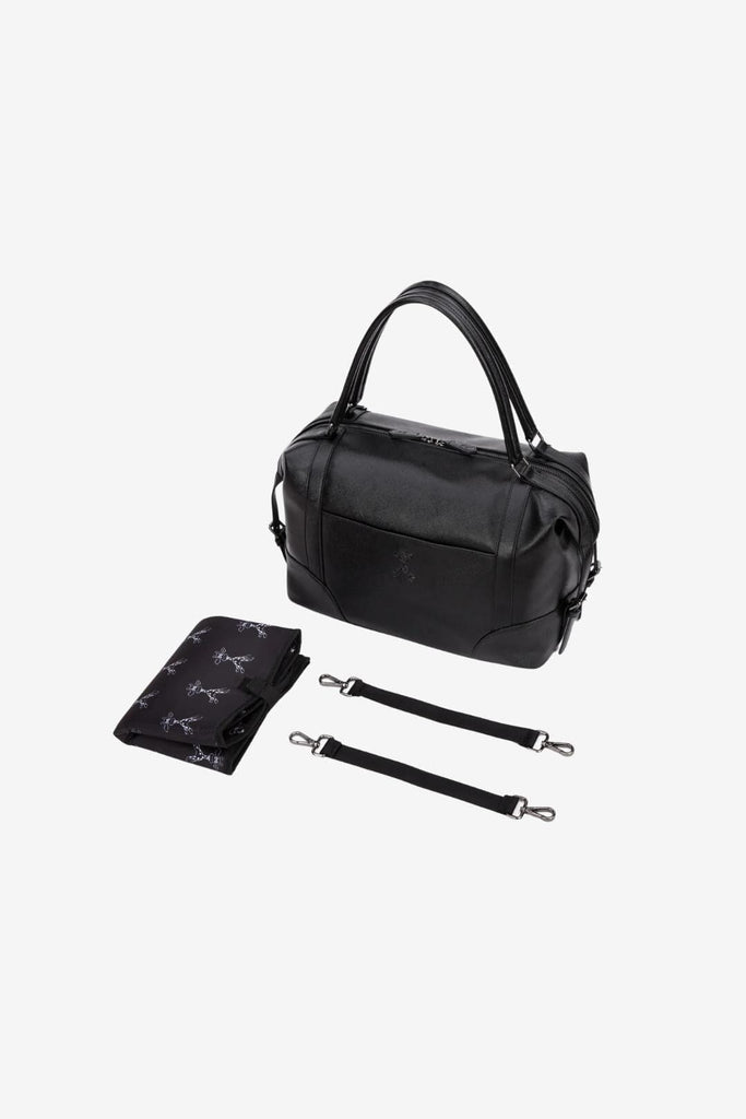 Black vegan leather diaper bag with matching changing mat and pram clips