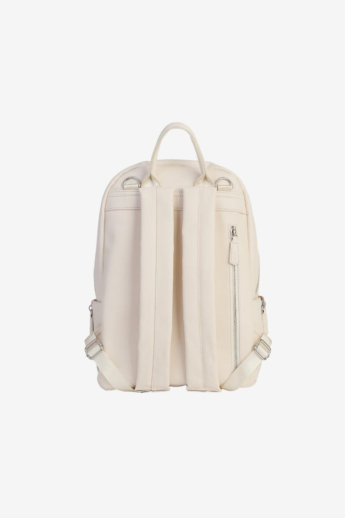 Back view of the padded backpack straps on vegan leather diaper changing backpack with an anti theft zipped pocket 