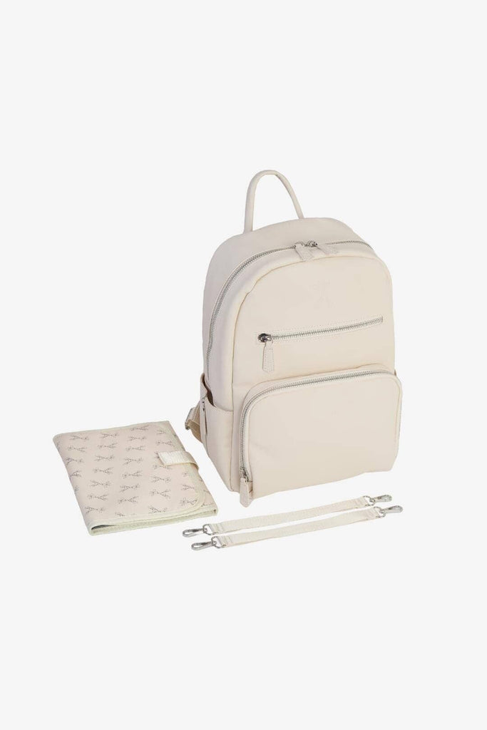 Beige vegan leather baby changing backpack with matching changing mat and pram clips 