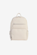Front view of beige bloom baby changing  backpack with two front zipped pockets 