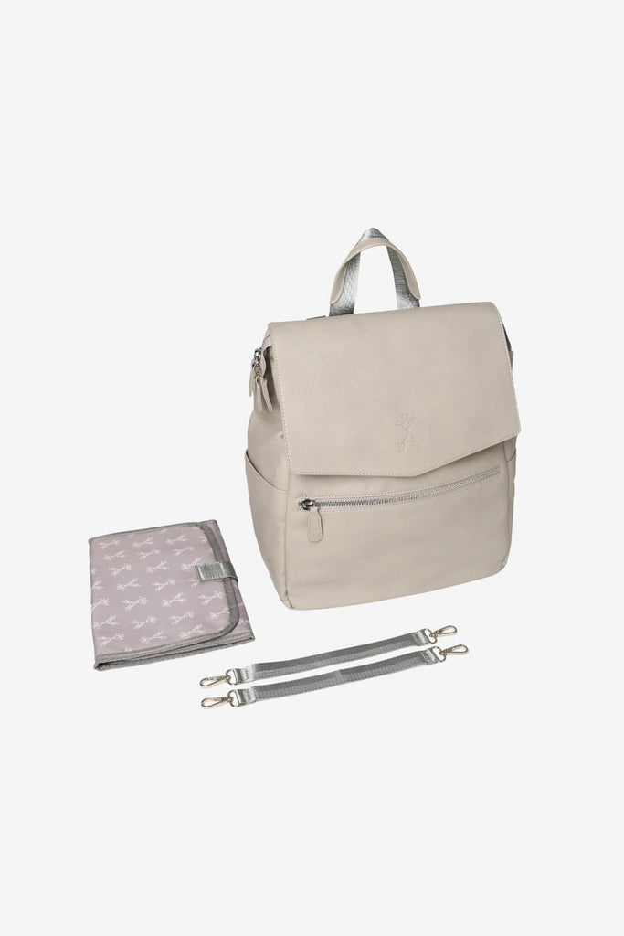 Grey vegan leather diaper backpack with matching changing mat and pram clips 