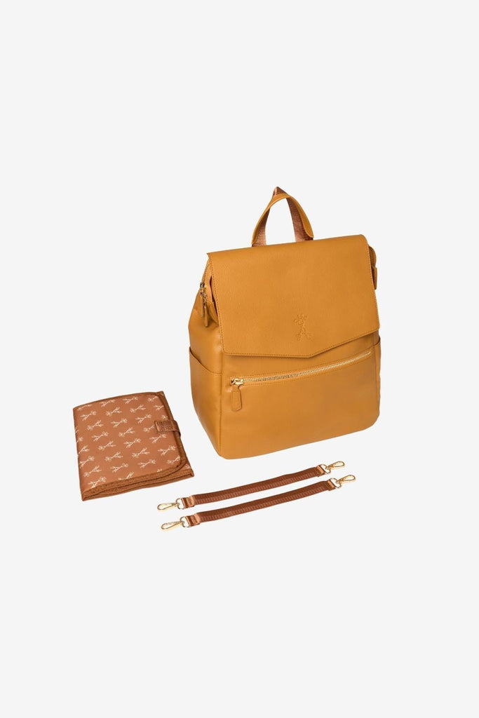 Tan vegan leather diaper backpack with matching changing mat and pram clips 