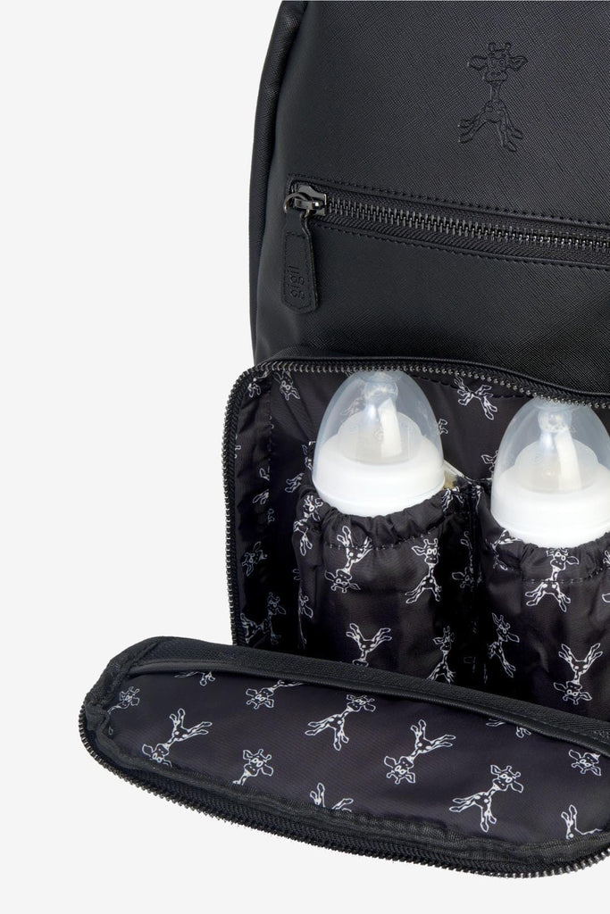 Black vegan leather backpack with open front pocket showing two insulted bottle pockets 