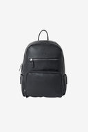 Black vegan leather bloom changing backpack with zipped front pocket 