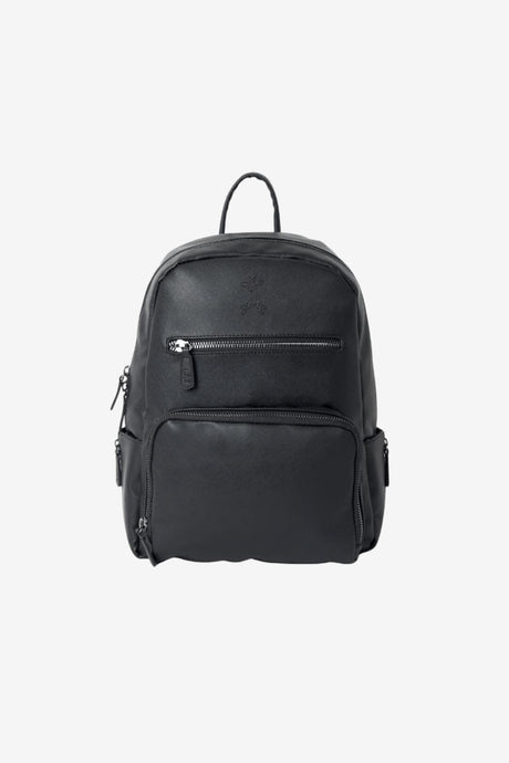Black vegan leather bloom changing backpack with zipped front pocket 