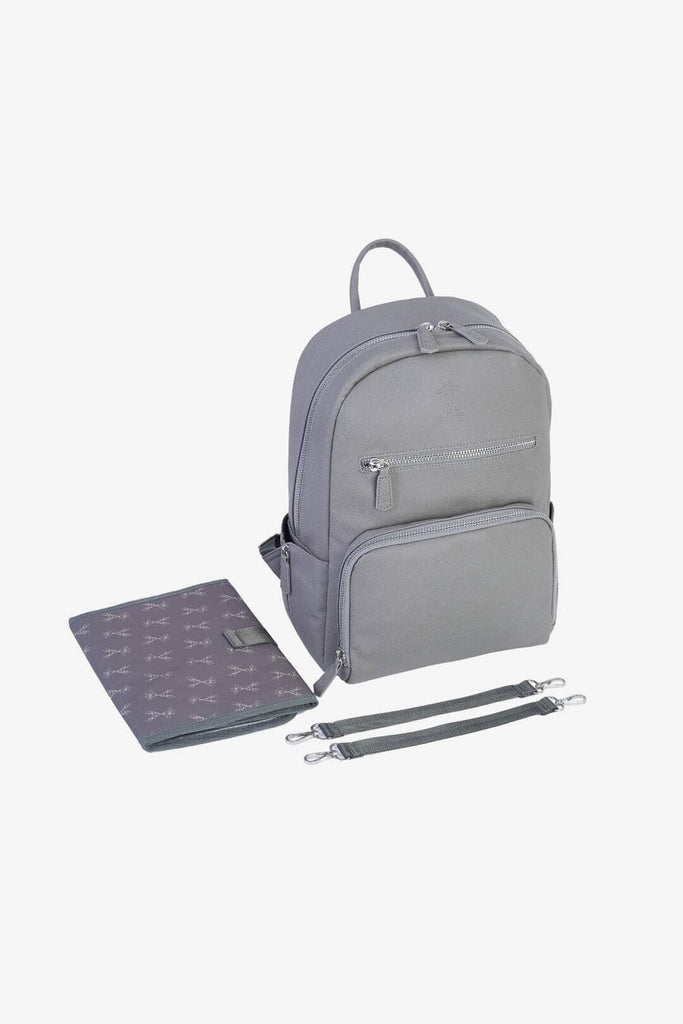 grey vegan leather diaper backpack with matching changing mat and pram clips 