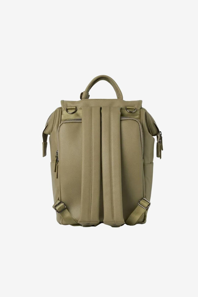 Padded shoulder strap and anti theft pocket on olive green vegan leather diaper backpack 