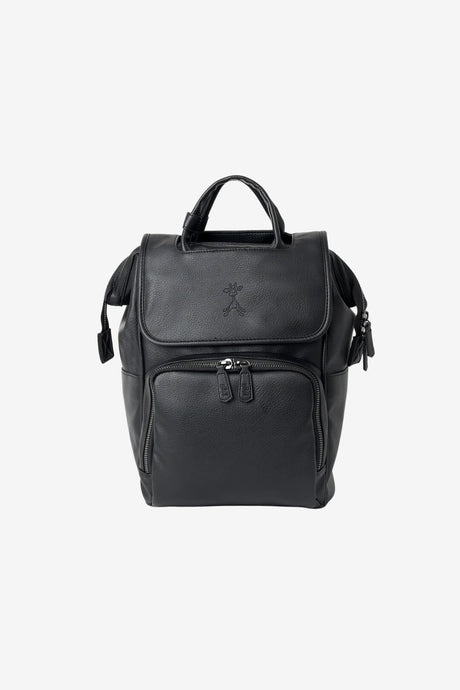 Black vegan leather baby changing bag on a white background