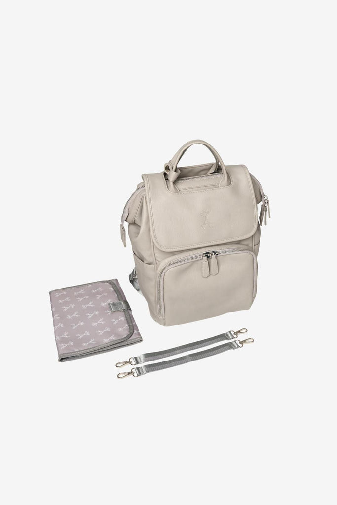 Grey vegan leather baby changing backpack with matching changing mat and pram clips 