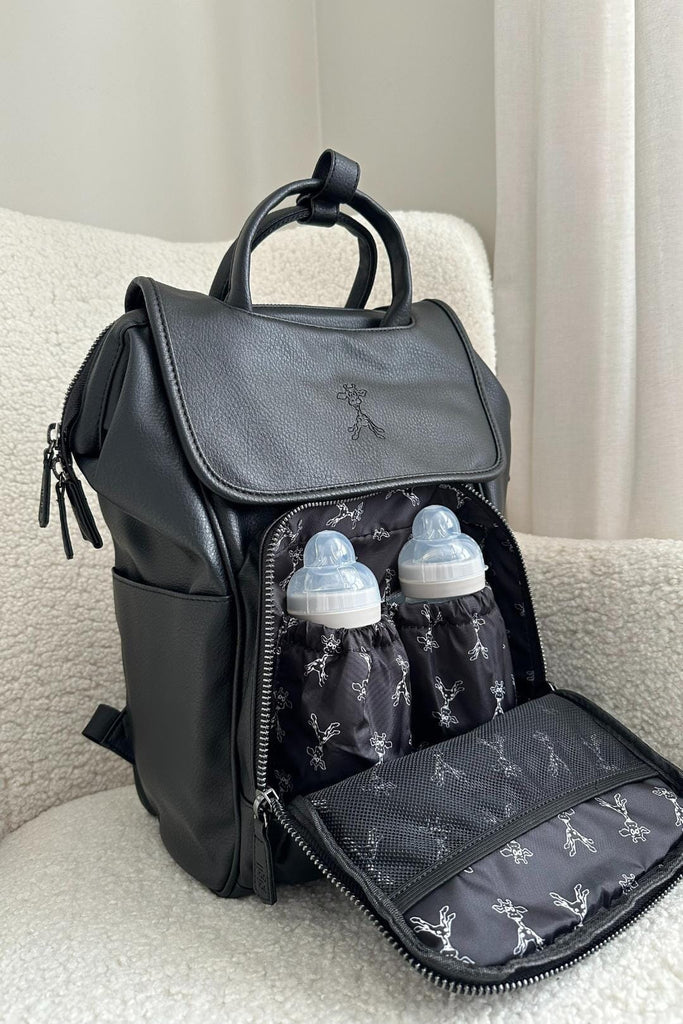 Black diaper bag with two insulted baby bottle pockets 