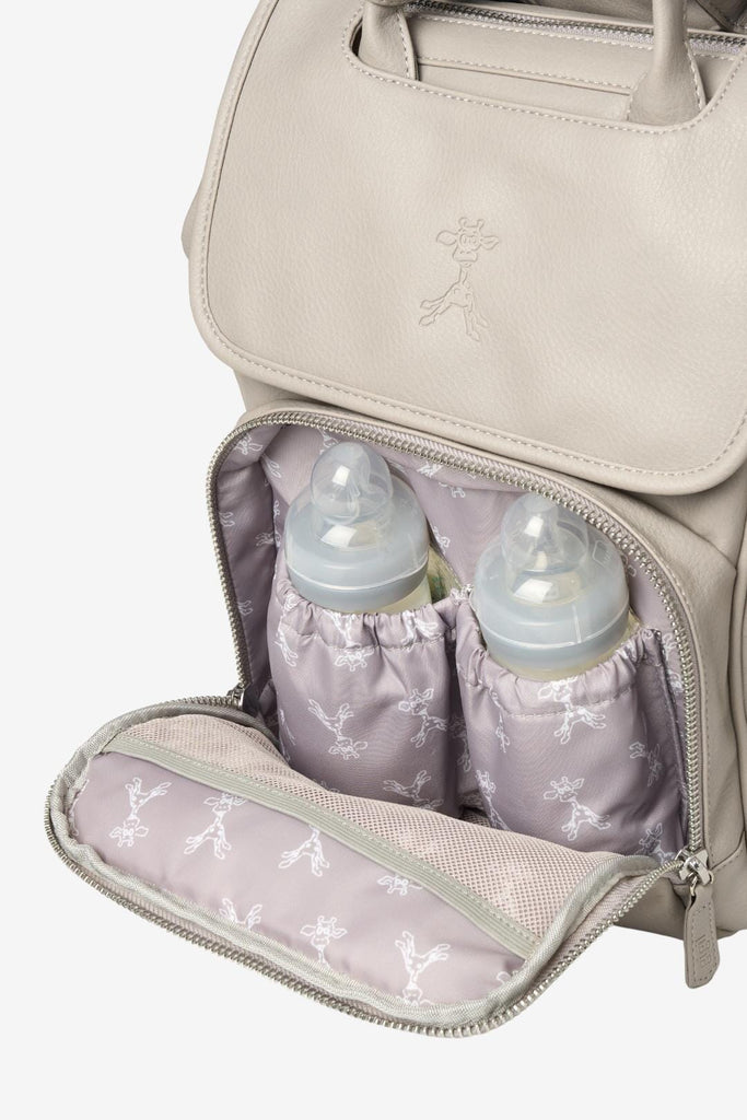 Grey Bounty 2.0 vegan leather changing backpack with two insulated bottle pockets