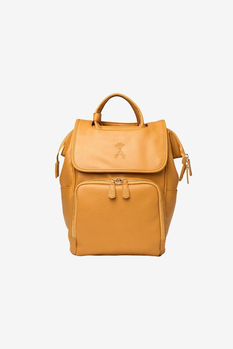 Tan vegan leather changing backpack with front zipped pocket 