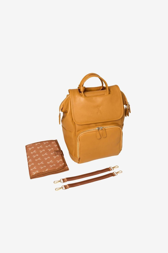 Tan vegan leather diaper backpack with matching changing mat and pram clips 