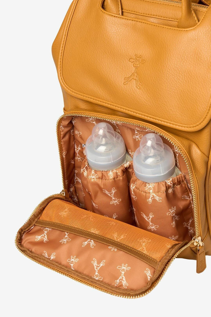 Tan diaper backpack with two front insulated bottle pockets 