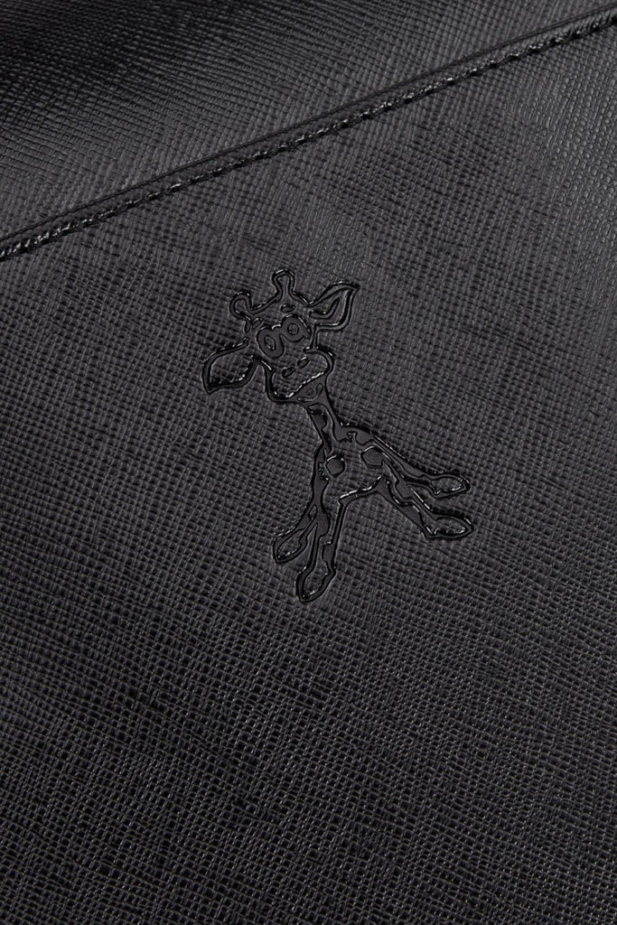 Gigil giraffe logo on front of black vegan leather changing backpack 