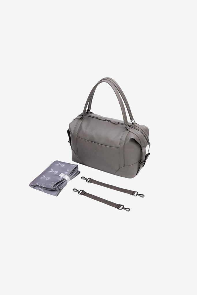Grey vegan leather changing bag with matching changing mat and pram clips