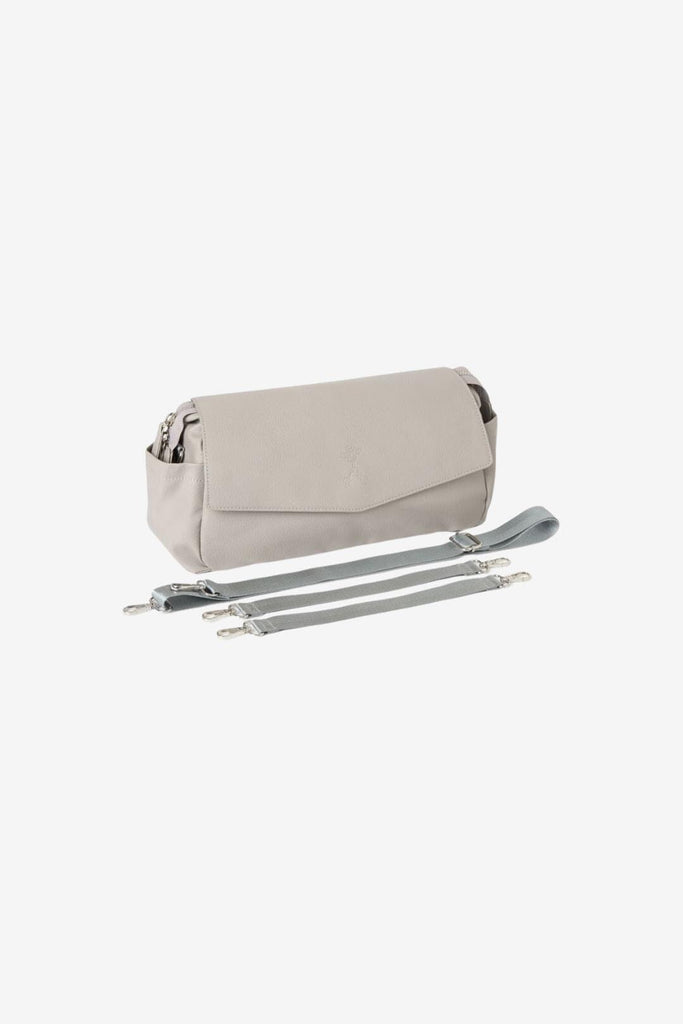 Grey vegan leather buggy organiser with grey pram clips and shoulder strap 