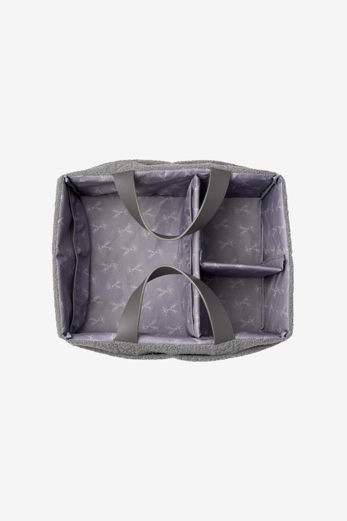 Grey teddy nappy caddy with grey giraffe lining and separate compartments