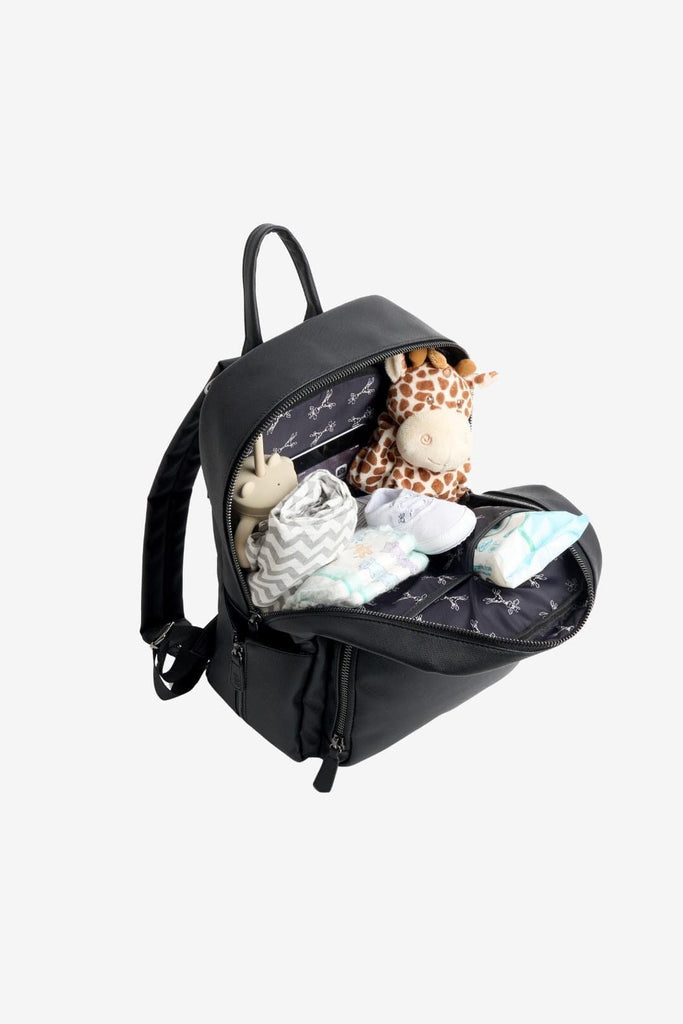 Black vegan leather diaper backpack filled with baby essentials 