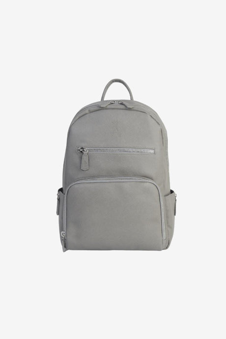 Grey vegan leather diaper backpack with two zipped front pockets 