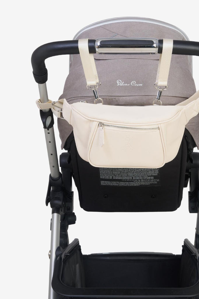 Beige vegan leather buggy organiser clipped on pram with pram clips 