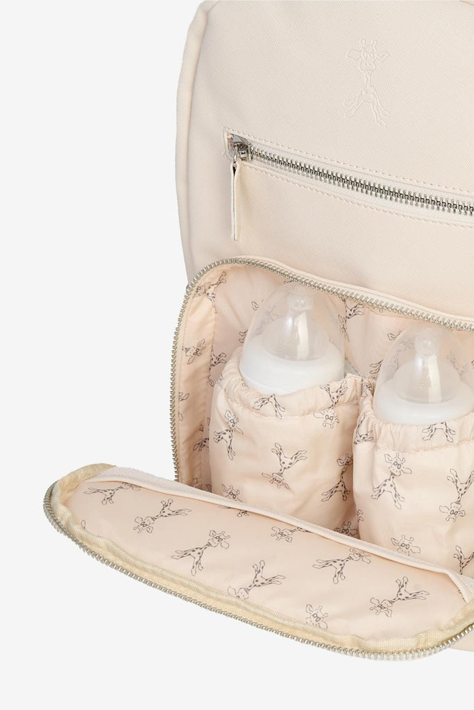 Beige vegan leather baby changing backpack with open front pocket showing two insulated bottle pockets