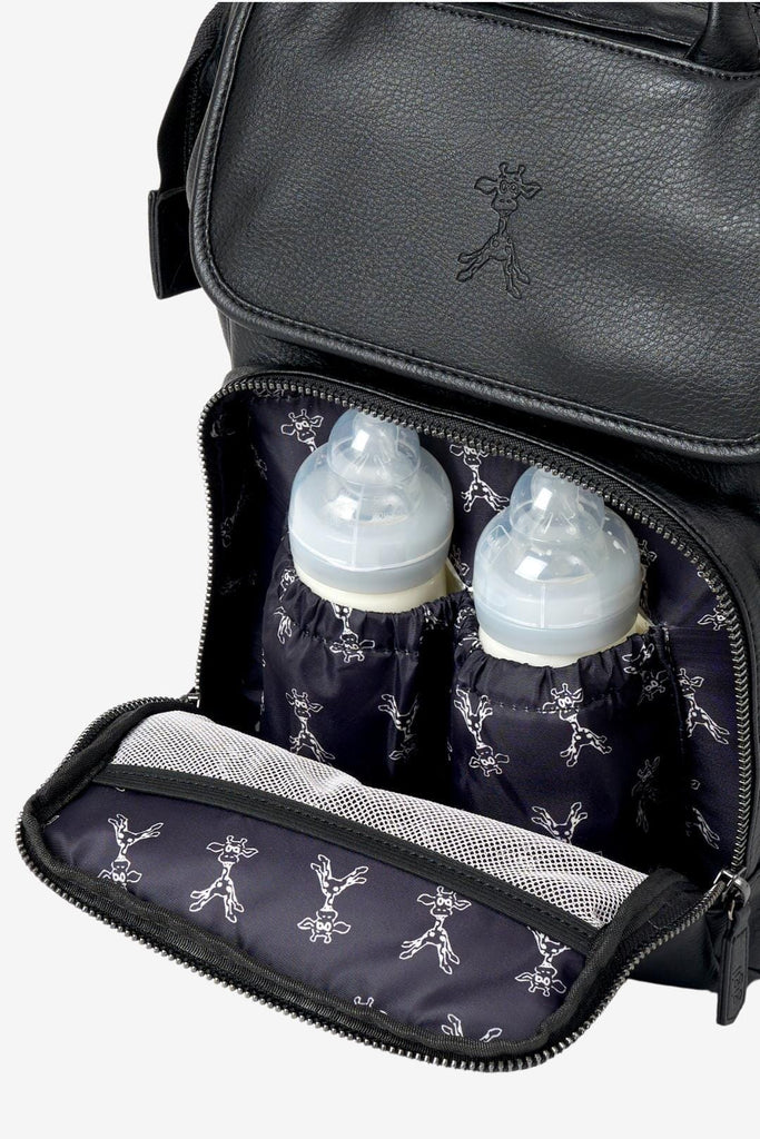 Black vegan leather diaper bag with open front pocket showing two insulated baby bottle pockets
