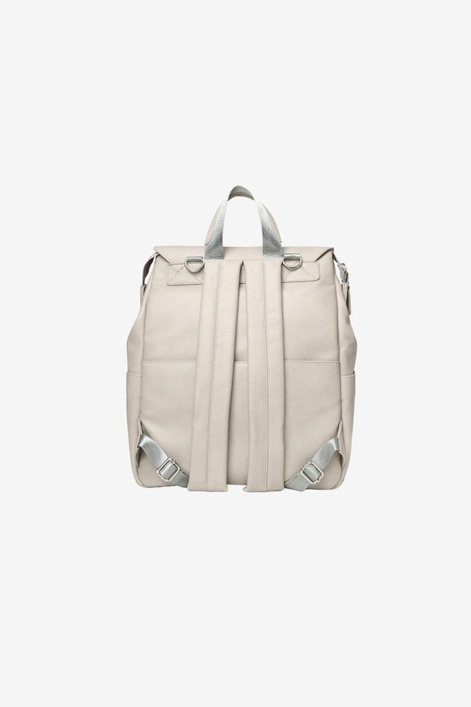 Grey vegan changing backpack with padded backpack straps and top handle 