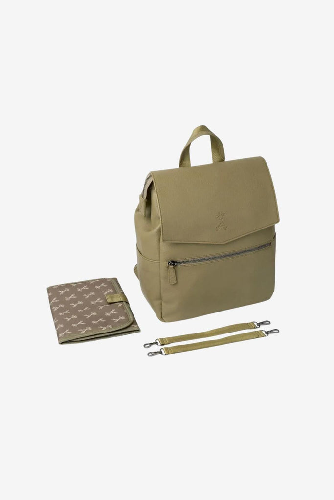 Olive green vegan leather diaper backpack with matching changing mat and pram clips 