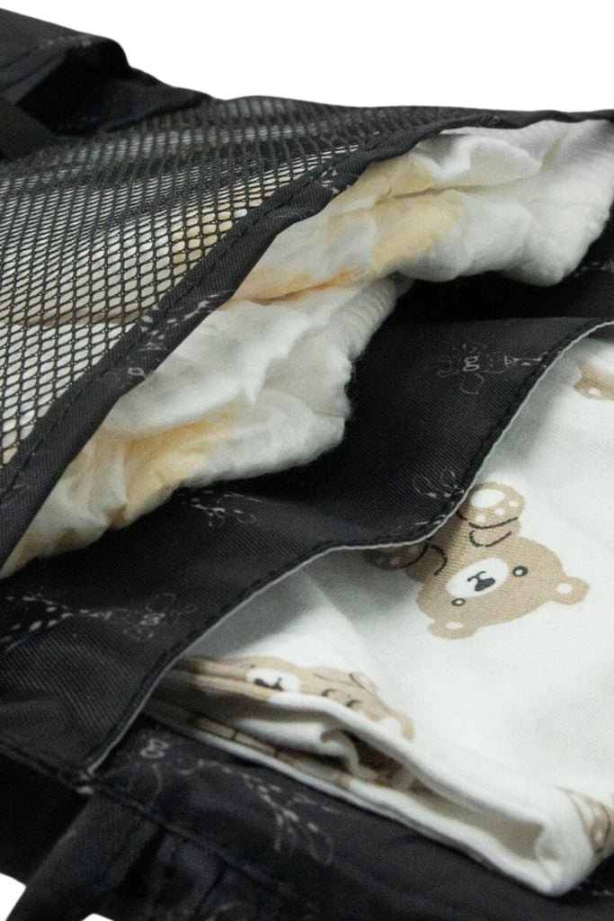 Close up image of the section/compartments inside the Black Nappy Pouch