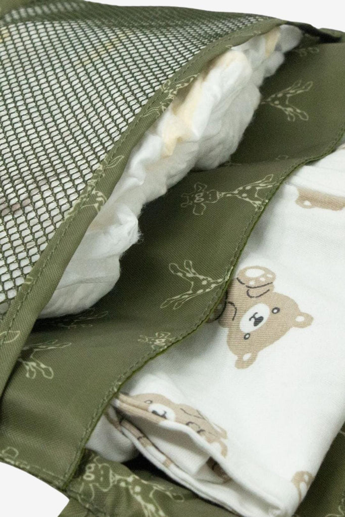 Close up image of the section/compartments inside the Olive Green - Nappy Pouch