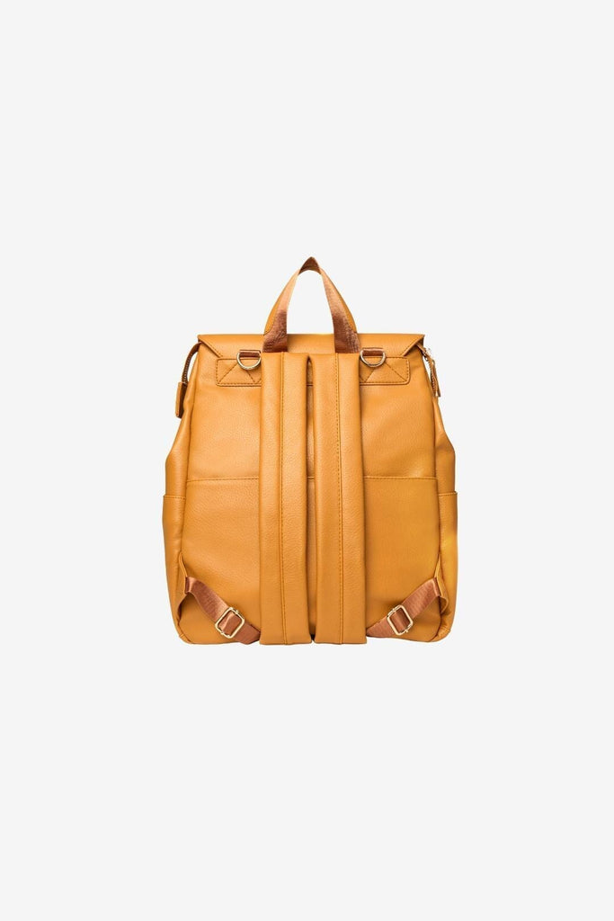 Tan vegan leather padded backpack straps and top handle 