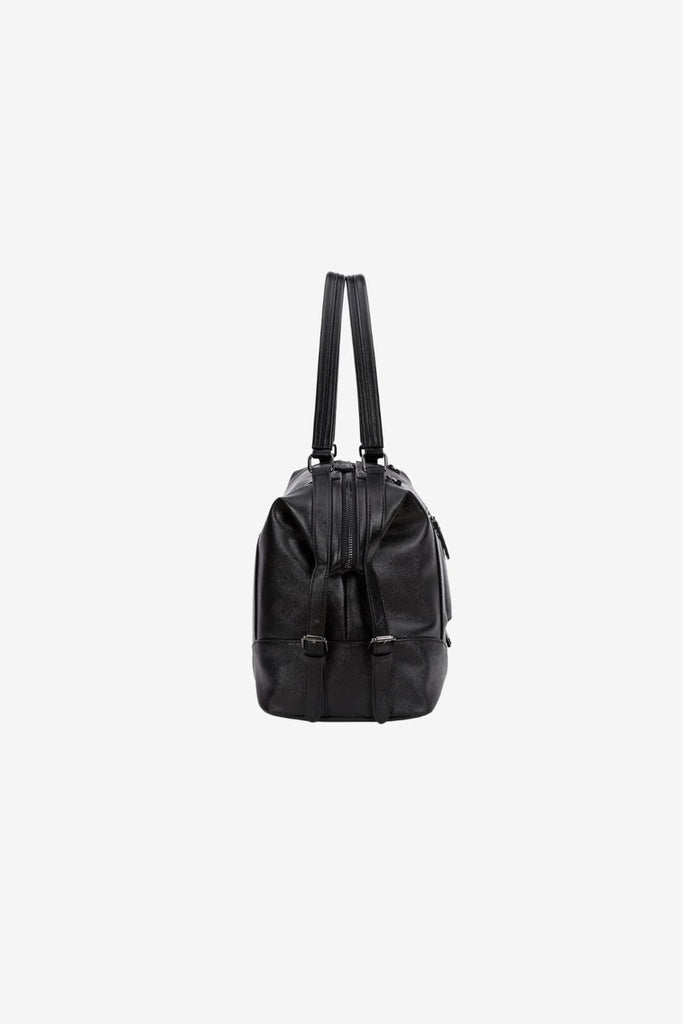 side view of black vegan leather hospital bag 