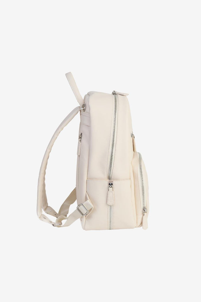 Side view of the vegan leather baby changing backpack with zipped side pocket