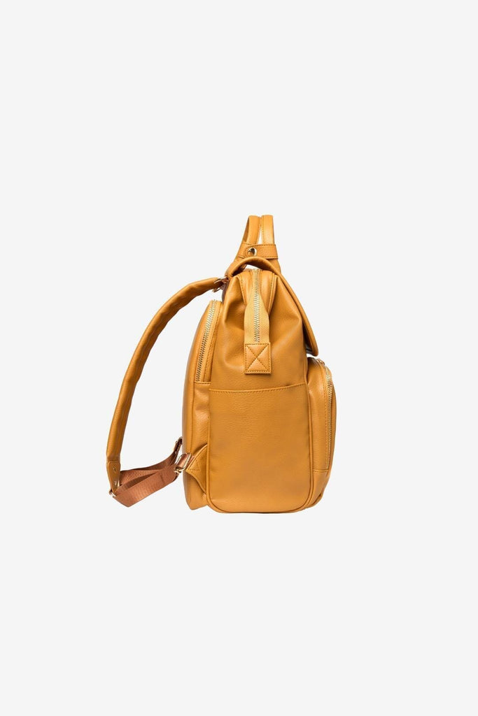 Side view of vegan leather diaper backpack with padded shoulder straps
