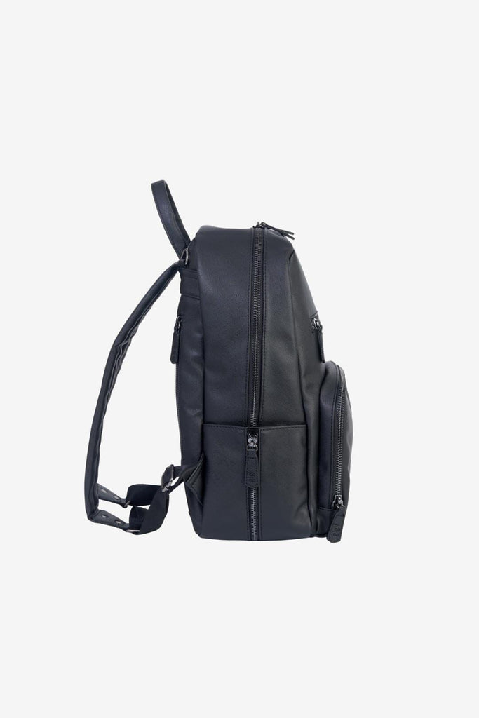 Side view of black bloom changing backpack with zipped side pocket 