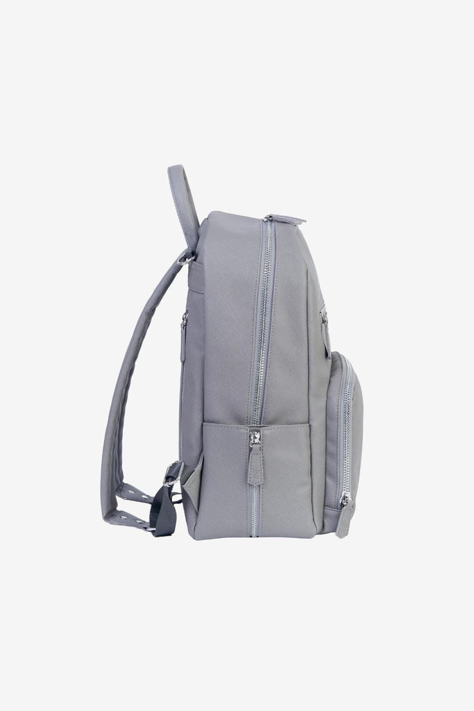 side view of vegan leather diaper backpack with side zipped pocket 