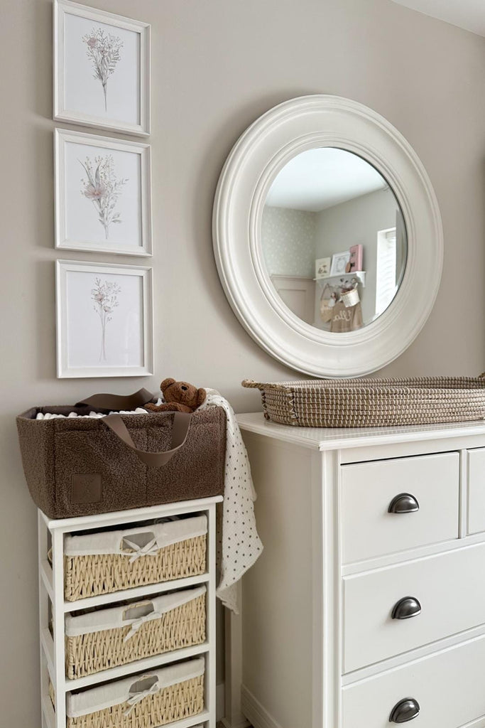 Brown mocha teddy fleece diaper caddy next to a changing table 
