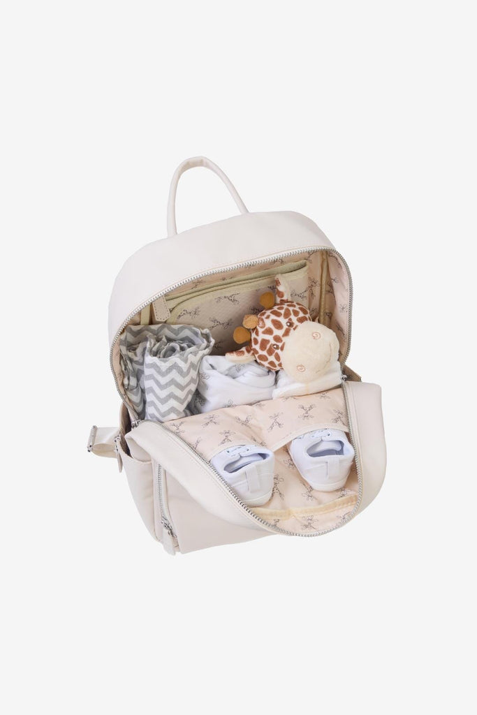 Open view of the sand beige bloom diaper bag full of baby essentials 
