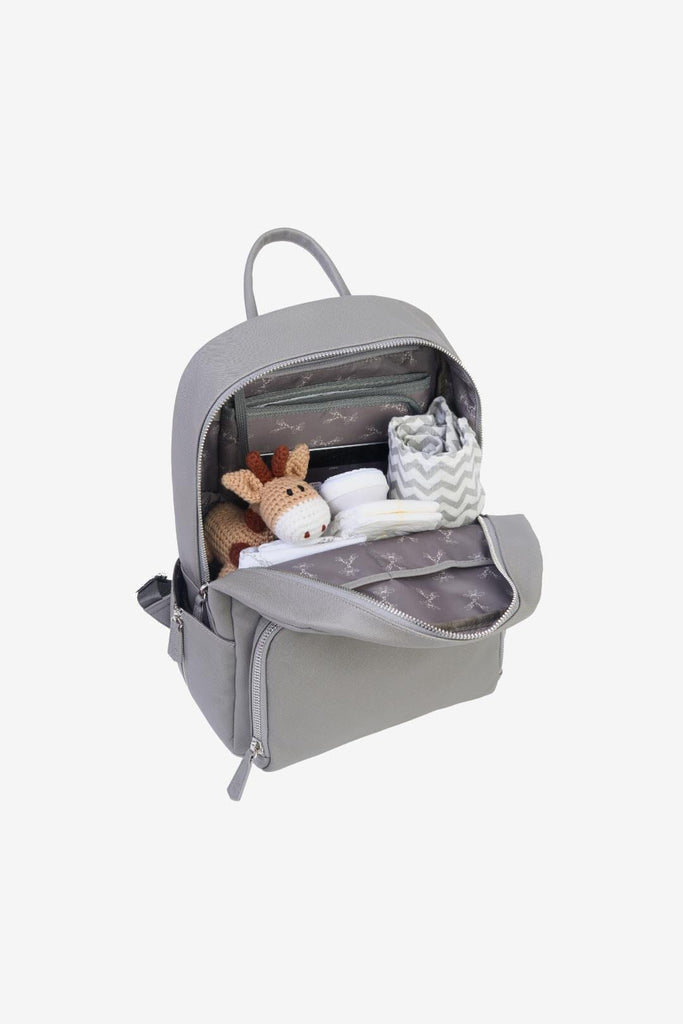 Grey vegan leather baby changing backpack full of baby essentials 