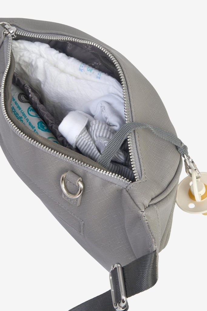 Organised grey vegan leather full of baby essentials with dummy clip
